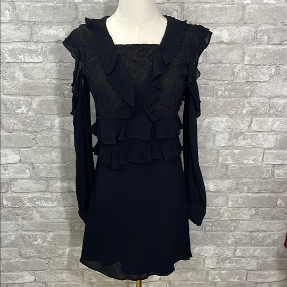 Bardot Black Cold Shoulder Lace Ruffle Dress Size 18 - Picture 1 of 9